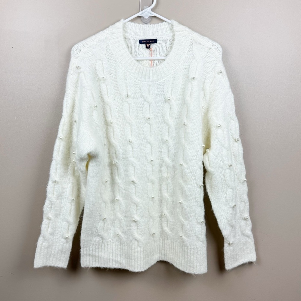 Skies Are Blue Cream Oversized Pearl Detail Cable Knit Wool Blend Sweater Sz XS